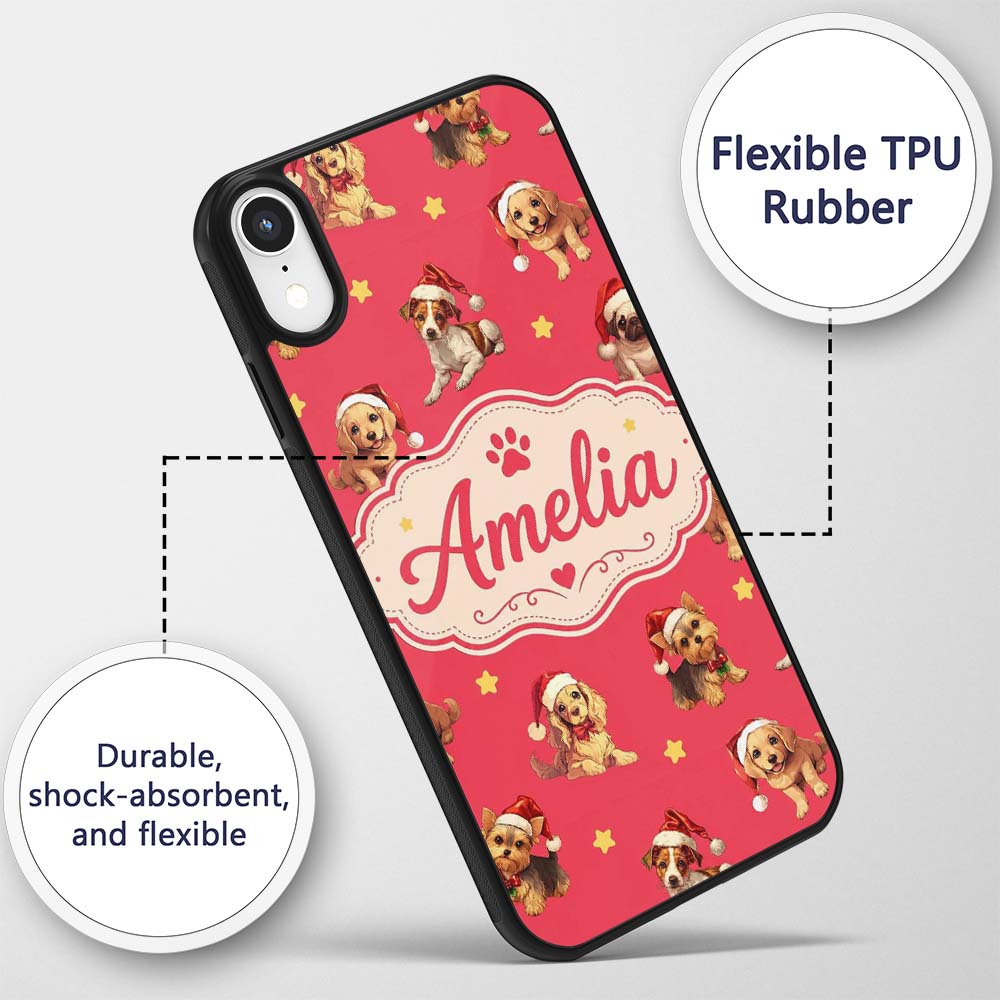 Cute Christmas Dogs Santa Hat Red Star Background Custom Name Protective Phone Case Mobile Cover Durable Everyday Smartphone Shock Resistant