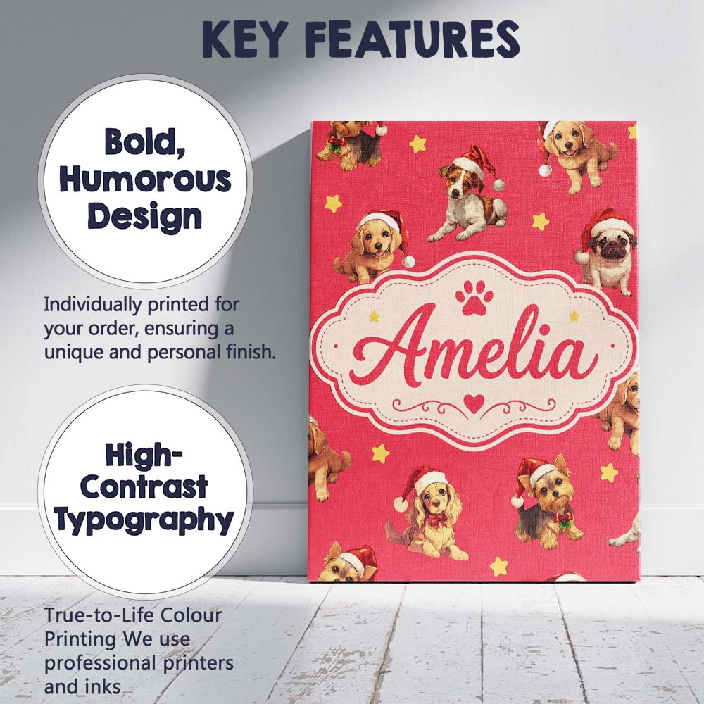 Personalised Name Cute Christmas Dogs Santa Custom  Bespoke Interior Contemporary Canvas Wall Art Print Decor Picture Ready to Hang