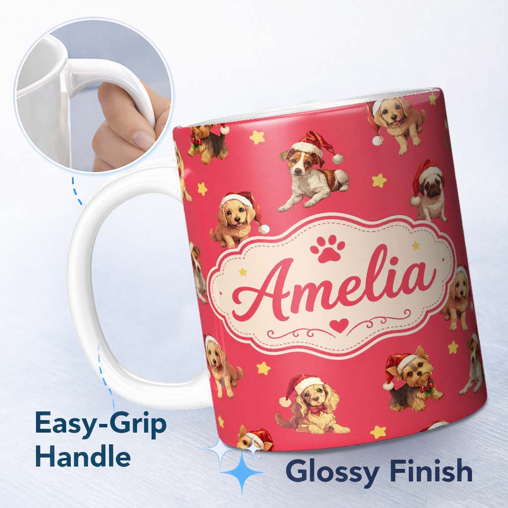 Personalized Custom Name Cute Christmas Dogs Santa Hat Red Star Background Seamless Pattern 11oz Ceramic Coffee Tea Mug White Large Handle