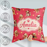 Custom Name Christmas Dogs Santa Hat Red Star Background Pattern Square Filled Cushion Throw Pillow Sofa Bed Home Decor Zip Washable UK Made
