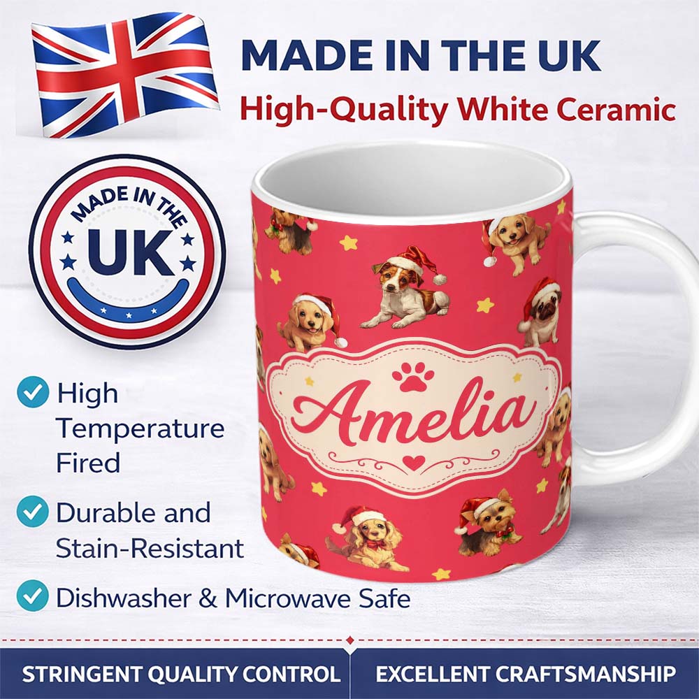 Personalized Custom Name Cute Christmas Dogs Santa Hat Red Star Background Seamless Pattern 11oz Ceramic Coffee Tea Mug White Large Handle