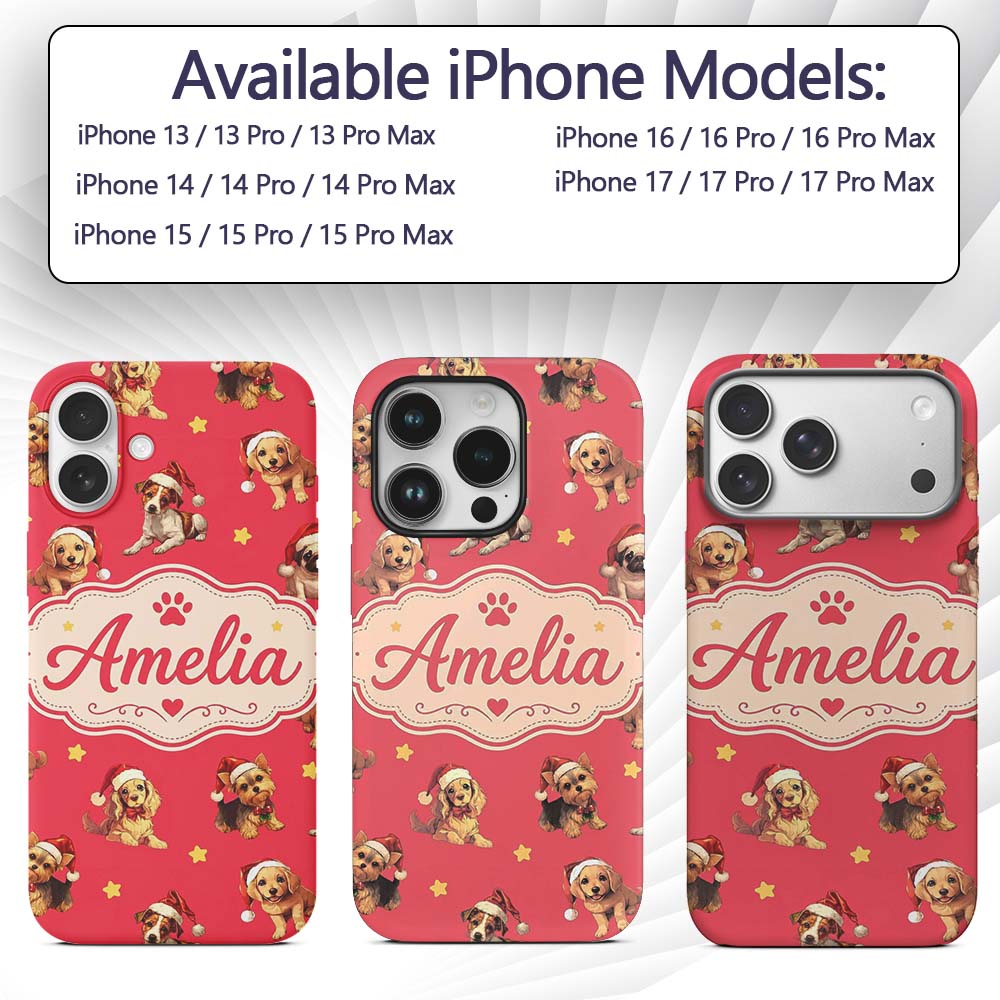 Cute Christmas Dogs Santa Hat Red Star Background Custom Name Protective Phone Case Mobile Cover Durable Everyday Smartphone Shock Resistant