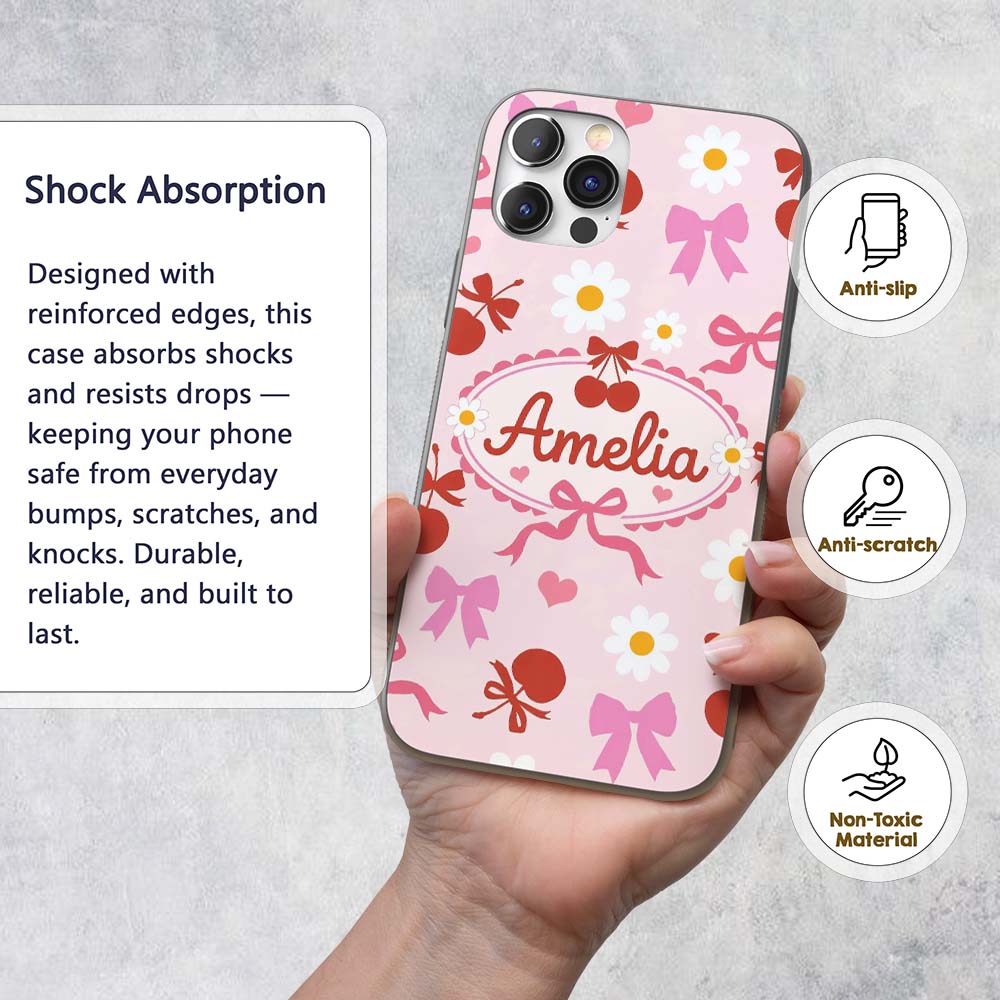 Cute Cherry Bow Daisy Heart Seamless Pattern on Custom Name Protective Phone Case Mobile Cover Durable Everyday Smartphone Shock Resistant