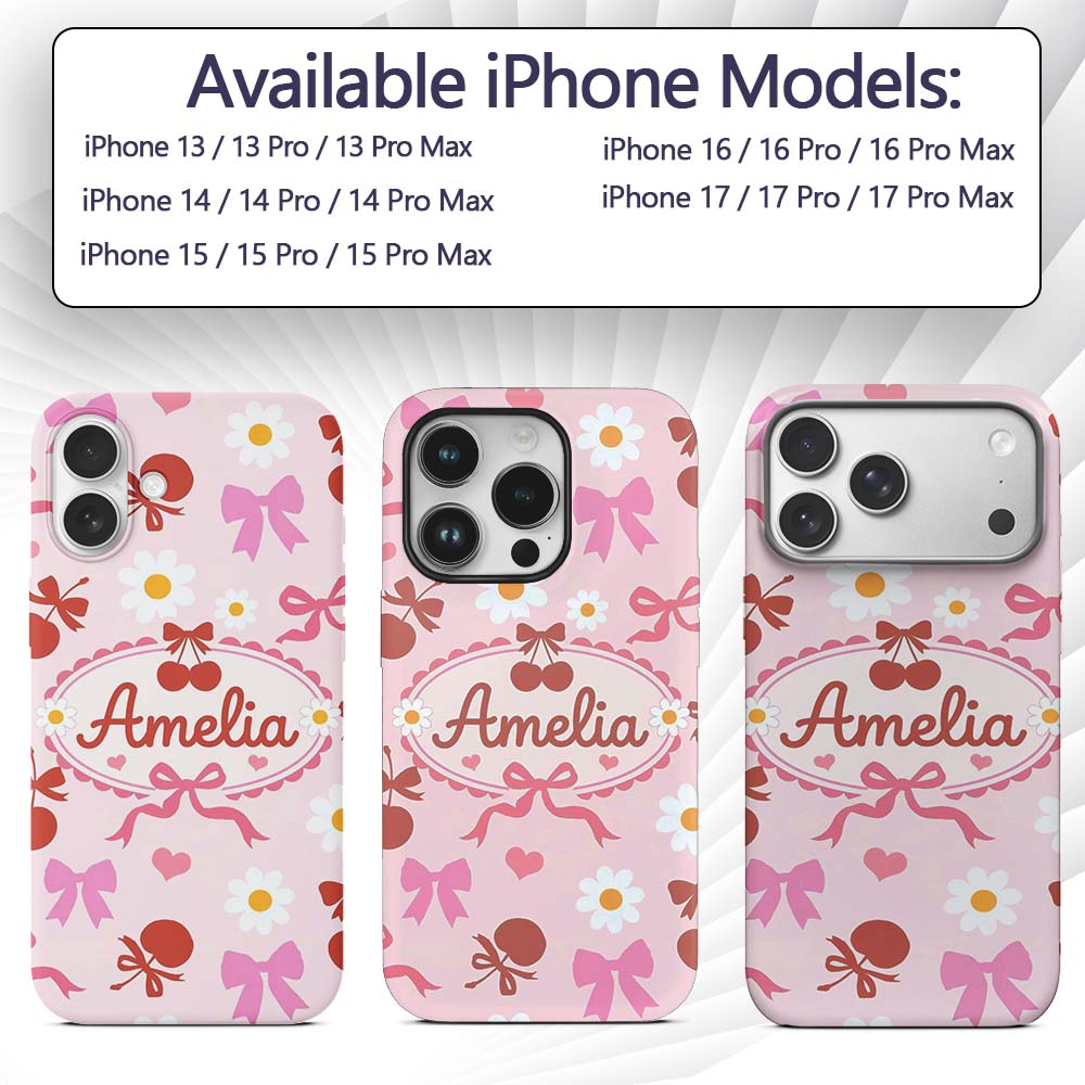 Cute Cherry Bow Daisy Heart Seamless Pattern on Custom Name Protective Phone Case Mobile Cover Durable Everyday Smartphone Shock Resistant