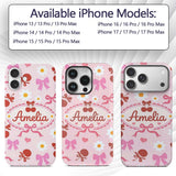 Cute Cherry Bow Daisy Heart Seamless Pattern on Custom Name Protective Phone Case Mobile Cover Durable Everyday Smartphone Shock Resistant