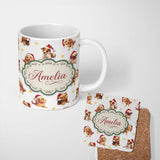Personalized Custom Name Cute Christmas Dogs Santa Hat Grey Star Background Seamless Pattern 11oz Ceramic Coffee Tea Mug White Large Handle