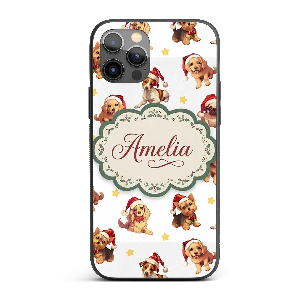 Cute Christmas Dogs Santa Hat Grey Printed Design Custom Name Protective Phone Case Mobile Cover Durable Everyday Smartphone Shock Resistant