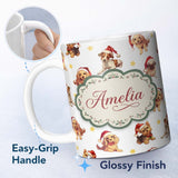 Personalized Custom Name Cute Christmas Dogs Santa Hat Grey Star Background Seamless Pattern 11oz Ceramic Coffee Tea Mug White Large Handle