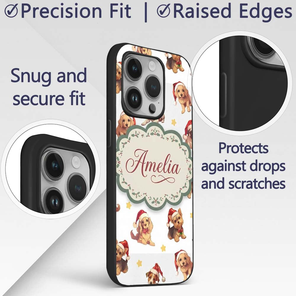 Cute Christmas Dogs Santa Hat Grey Printed Design Custom Name Protective Phone Case Mobile Cover Durable Everyday Smartphone Shock Resistant
