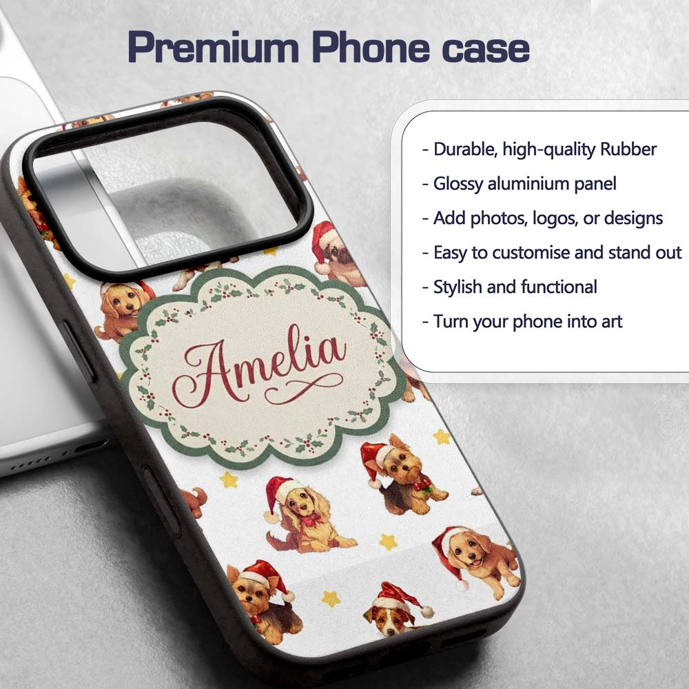 Cute Christmas Dogs Santa Hat Grey Printed Design Custom Name Protective Phone Case Mobile Cover Durable Everyday Smartphone Shock Resistant