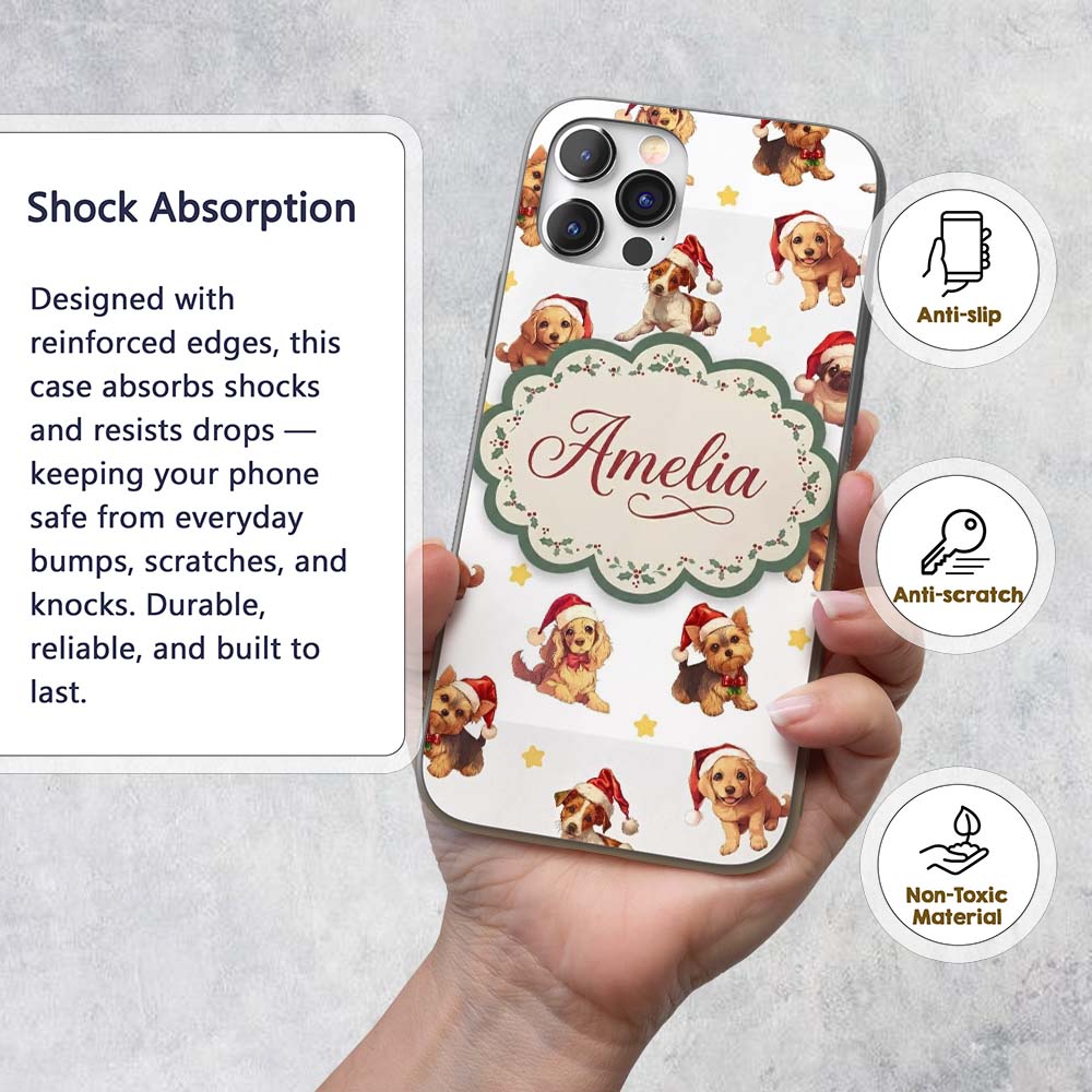 Cute Christmas Dogs Santa Hat Grey Printed Design Custom Name Protective Phone Case Mobile Cover Durable Everyday Smartphone Shock Resistant