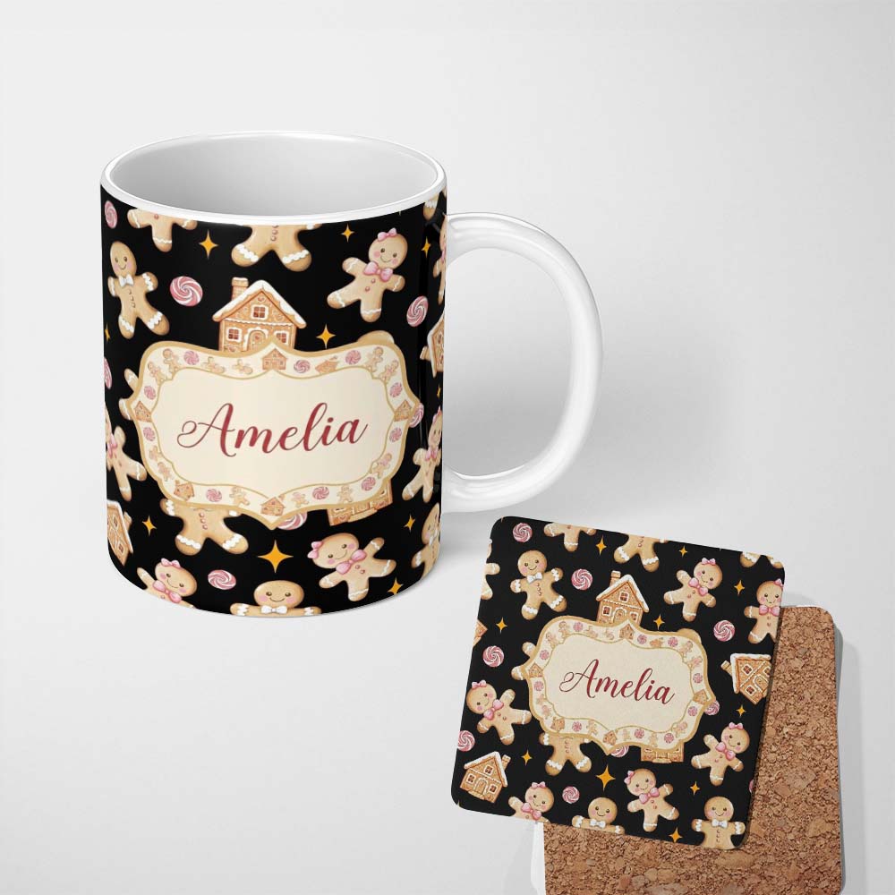 Personalized Custom Name Cute Gingerbread Cookies Candy House Black Seamless Pattern Name 11oz Ceramic Coffee Tea Mug White Large Handle