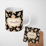 Personalized Custom Name Cute Gingerbread Cookies Candy House Black Seamless Pattern Name 11oz Ceramic Coffee Tea Mug White Large Handle