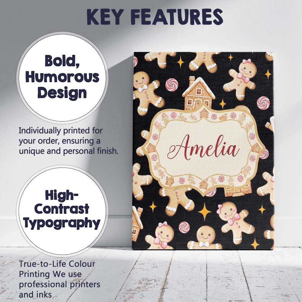 Personalised Name Cute Gingerbread Cookies Custom  Unique Gift Idea Elegant Feature Canvas Wall Art Print Decor Picture Ready to Hang