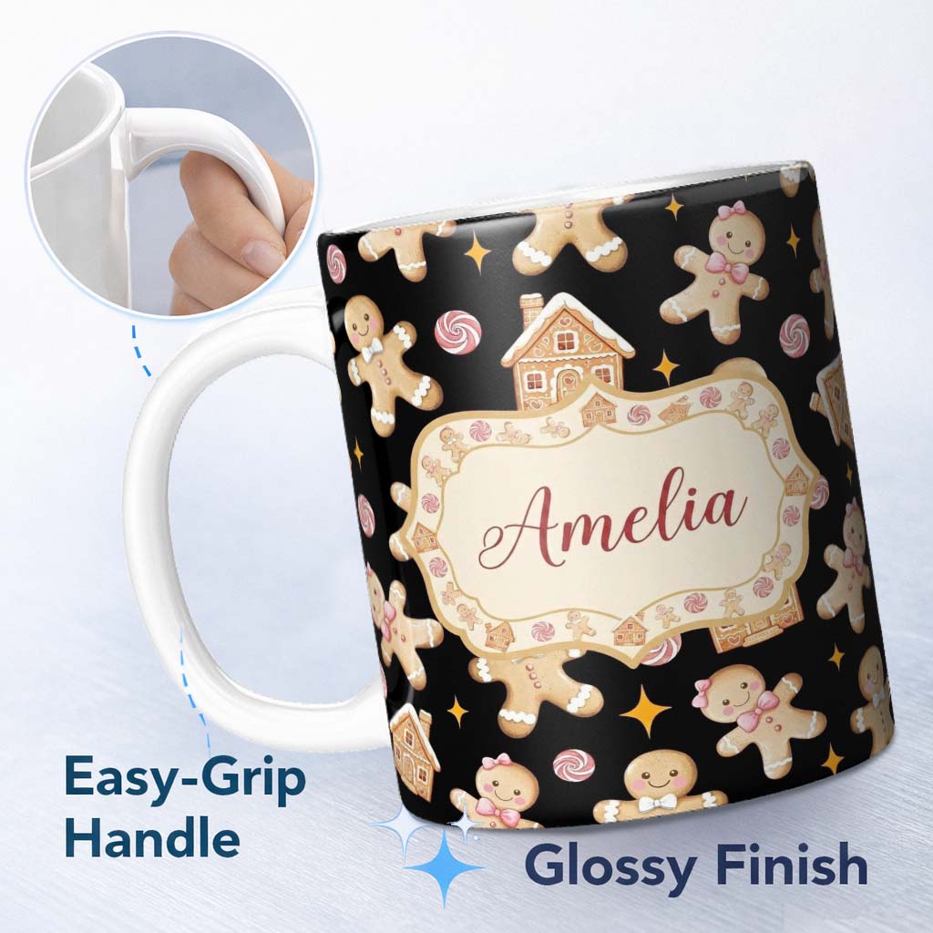 Personalized Custom Name Cute Gingerbread Cookies Candy House Black Seamless Pattern Name 11oz Ceramic Coffee Tea Mug White Large Handle