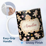 Personalized Custom Name Cute Gingerbread Cookies Candy House Black Seamless Pattern Name 11oz Ceramic Coffee Tea Mug White Large Handle