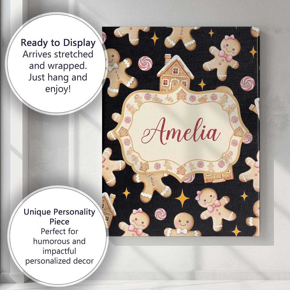 Personalised Name Cute Gingerbread Cookies Custom  Unique Gift Idea Elegant Feature Canvas Wall Art Print Decor Picture Ready to Hang