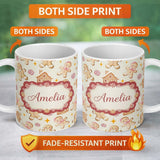 Personalized Custom Name Cute Gingerbread Cookies Candy House Cream Background Seamless 11oz Ceramic Coffee Tea Mug White Large Handle