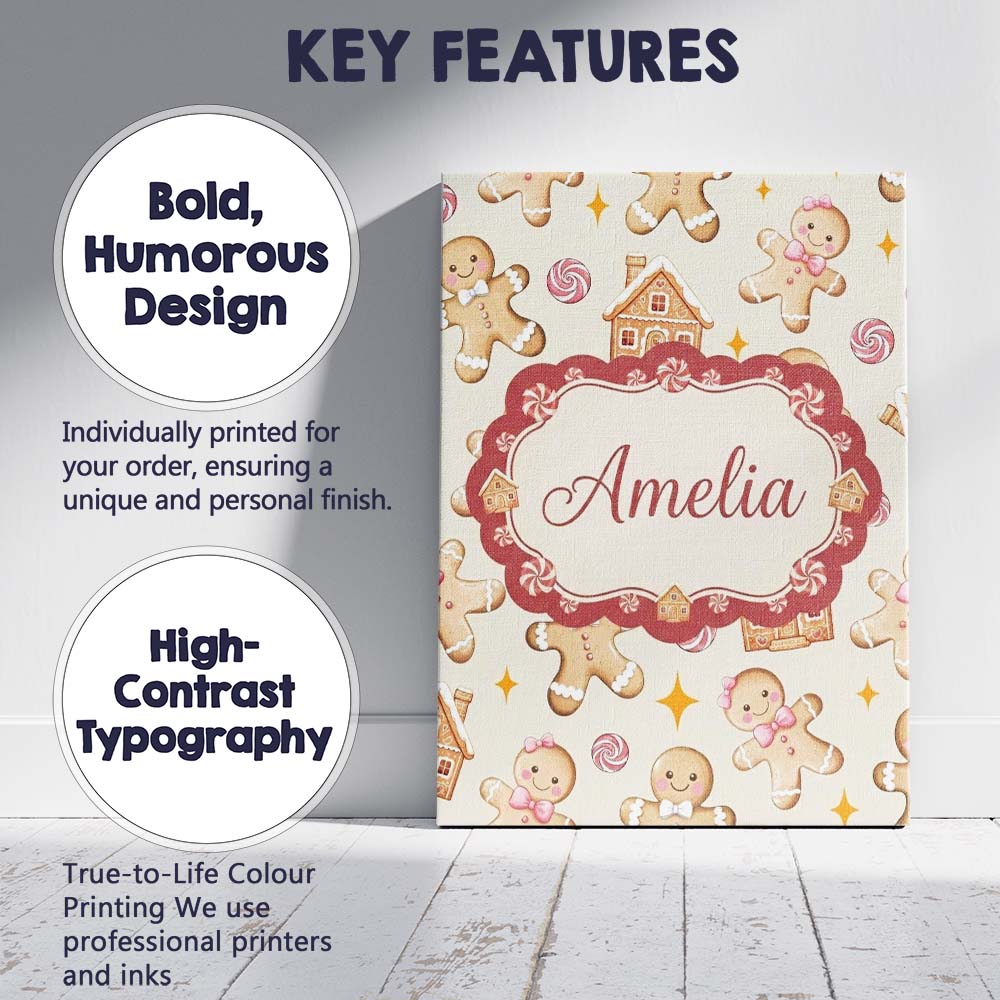 Personalised Name Cute Gingerbread Cookies Custom  Unique Gift Idea Elegant Feature Canvas Wall Art Print Decor Picture Ready to Hang