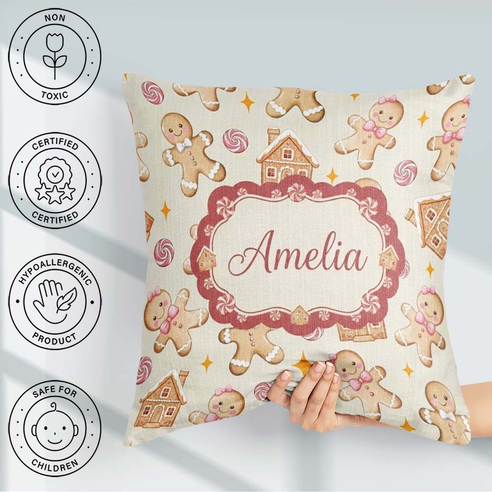 Custom Name Cute Gingerbread Cookies Candy House Cream Seamless Square Filled Cushion Throw Pillow Sofa Bed Home Decor Zip Washable UK Made