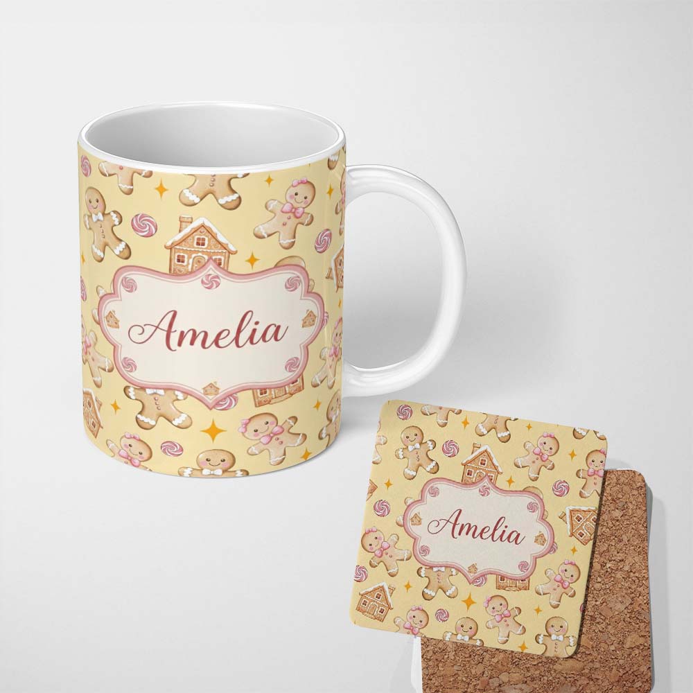 Personalized Custom Name Cute Gingerbread Cookies Candy House Beige Background Seamless 11oz Ceramic Coffee Tea Mug White Large Handle