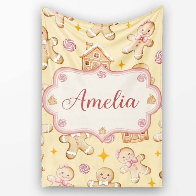 Cute Gingerbread Cookies Candy House Beige Background Seamless  Personalised Custom Name Super Soft Fleece Blanket Bed Sofa Throw
