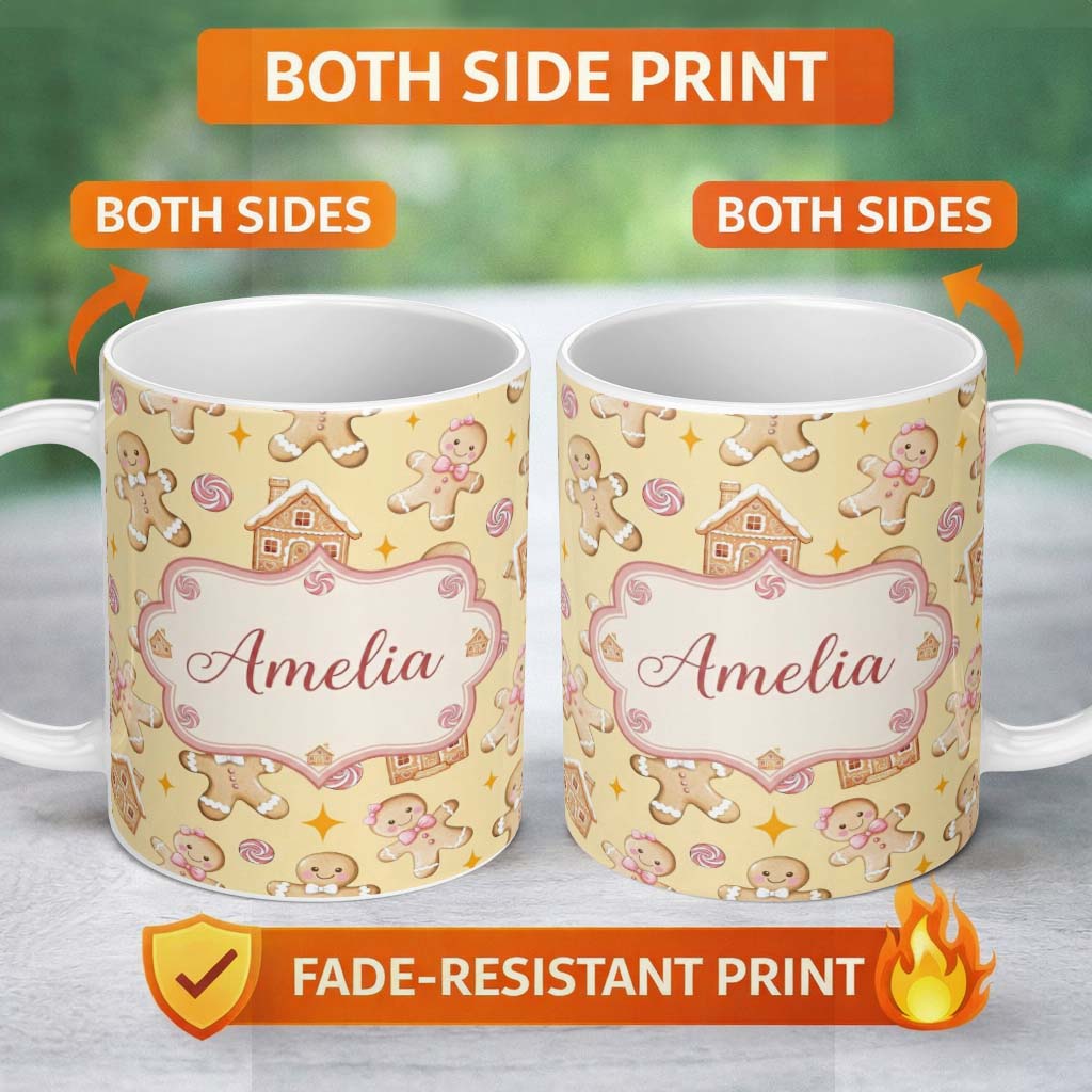 Personalized Custom Name Cute Gingerbread Cookies Candy House Beige Background Seamless 11oz Ceramic Coffee Tea Mug White Large Handle