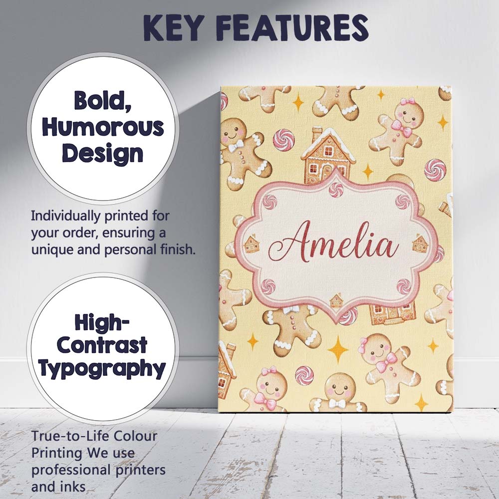 Personalised Name Cute Gingerbread Cookies Custom  Unique Gift Idea Elegant Feature Canvas Wall Art Print Decor Picture Ready to Hang