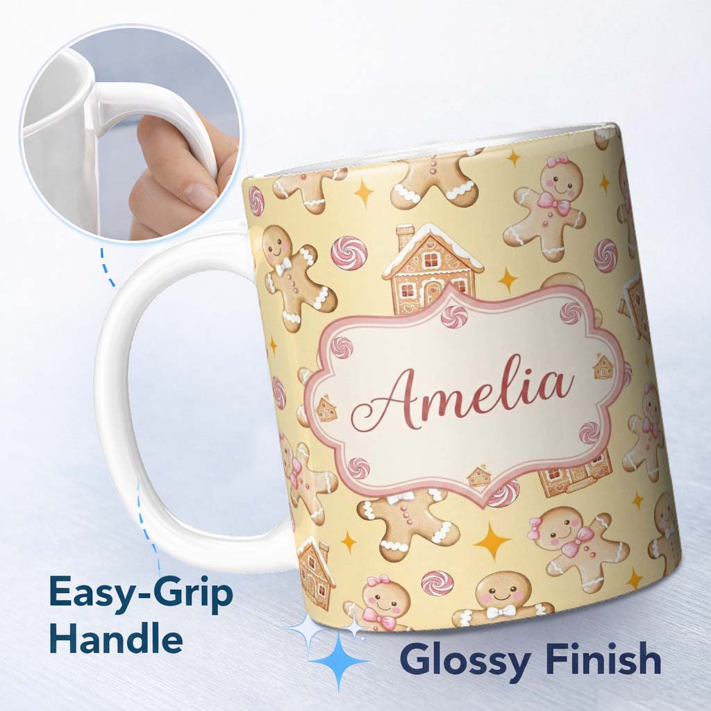 Personalized Custom Name Cute Gingerbread Cookies Candy House Beige Background Seamless 11oz Ceramic Coffee Tea Mug White Large Handle
