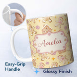 Personalized Custom Name Cute Gingerbread Cookies Candy House Beige Background Seamless 11oz Ceramic Coffee Tea Mug White Large Handle