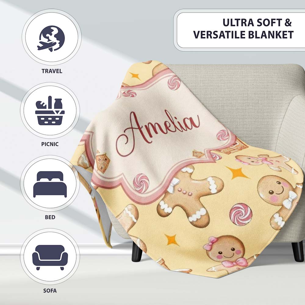 Cute Gingerbread Cookies Candy House Beige Background Seamless  Personalised Custom Name Super Soft Fleece Blanket Bed Sofa Throw