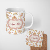Personalized Custom Name Cute Gingerbread Cookies Candy House Light Grey Background Seamless 11oz Ceramic Coffee Tea Mug White Large Handle