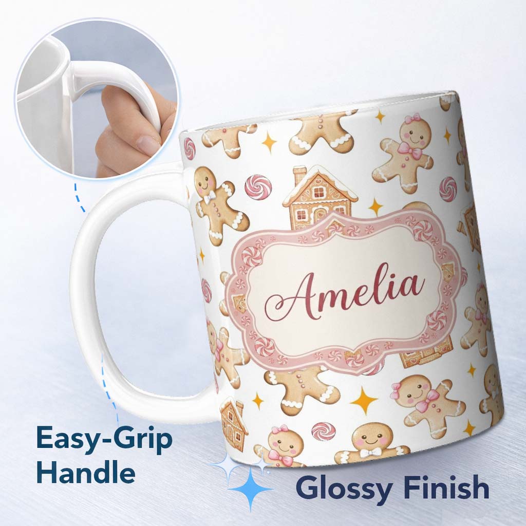 Personalized Custom Name Cute Gingerbread Cookies Candy House Light Grey Background Seamless 11oz Ceramic Coffee Tea Mug White Large Handle