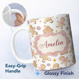 Personalized Custom Name Cute Gingerbread Cookies Candy House Light Grey Background Seamless 11oz Ceramic Coffee Tea Mug White Large Handle
