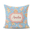 Custom Name Cute Gingerbread Cookies Candy House Blue Background Square Filled Cushion Throw Pillow Sofa Bed Home Decor Zip Washable UK Made