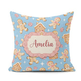 Custom Name Cute Gingerbread Cookies Candy House Blue Background Square Filled Cushion Throw Pillow Sofa Bed Home Decor Zip Washable UK Made