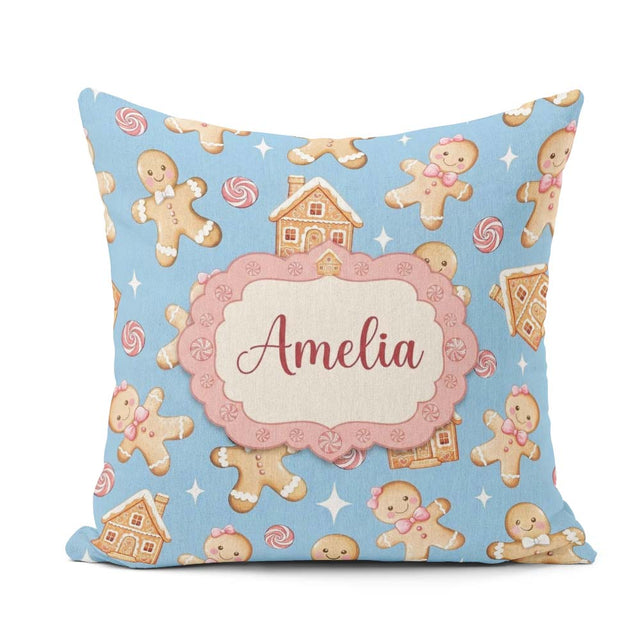 Custom Name Cute Gingerbread Cookies Candy House Blue Background Square Filled Cushion Throw Pillow Sofa Bed Home Decor Zip Washable UK Made