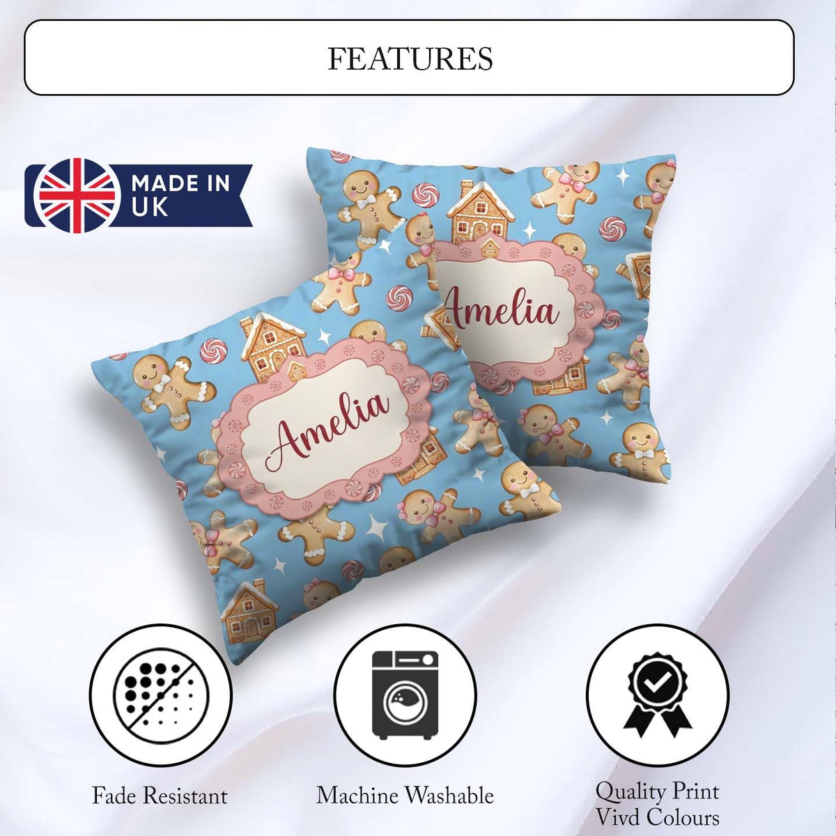 Custom Name Cute Gingerbread Cookies Candy House Blue Background Square Filled Cushion Throw Pillow Sofa Bed Home Decor Zip Washable UK Made