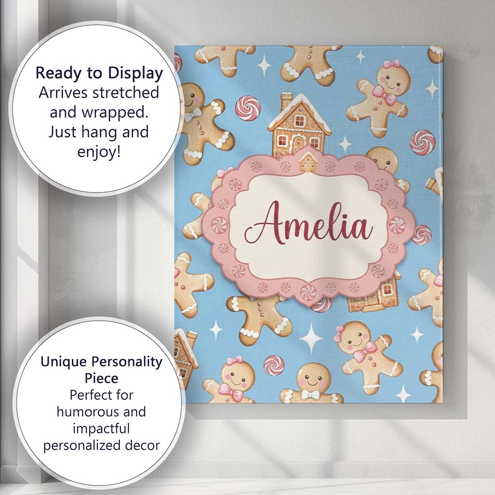 Personalised Name Cute Gingerbread Cookies Custom  Unique Gift Idea Elegant Feature Canvas Wall Art Print Decor Picture Ready to Hang