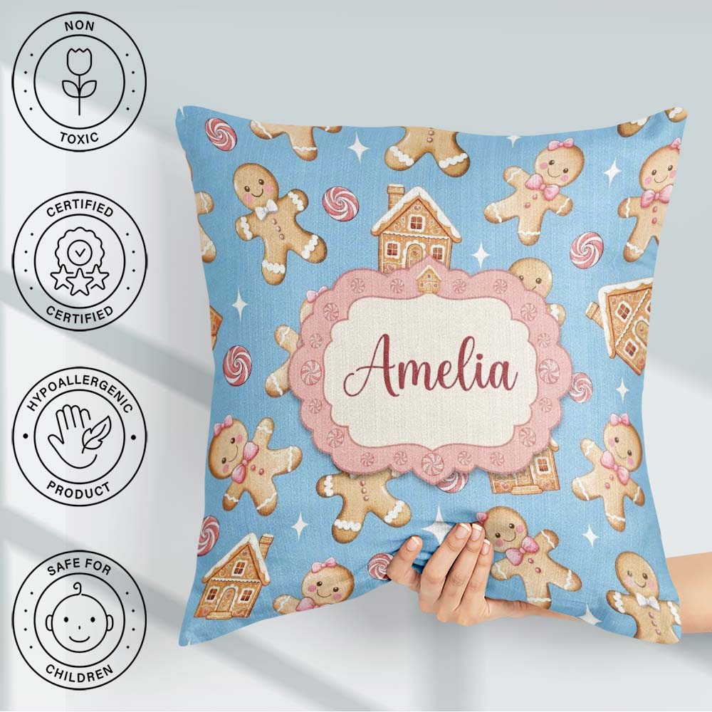 Custom Name Cute Gingerbread Cookies Candy House Blue Background Square Filled Cushion Throw Pillow Sofa Bed Home Decor Zip Washable UK Made
