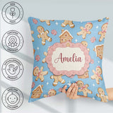 Custom Name Cute Gingerbread Cookies Candy House Blue Background Square Filled Cushion Throw Pillow Sofa Bed Home Decor Zip Washable UK Made