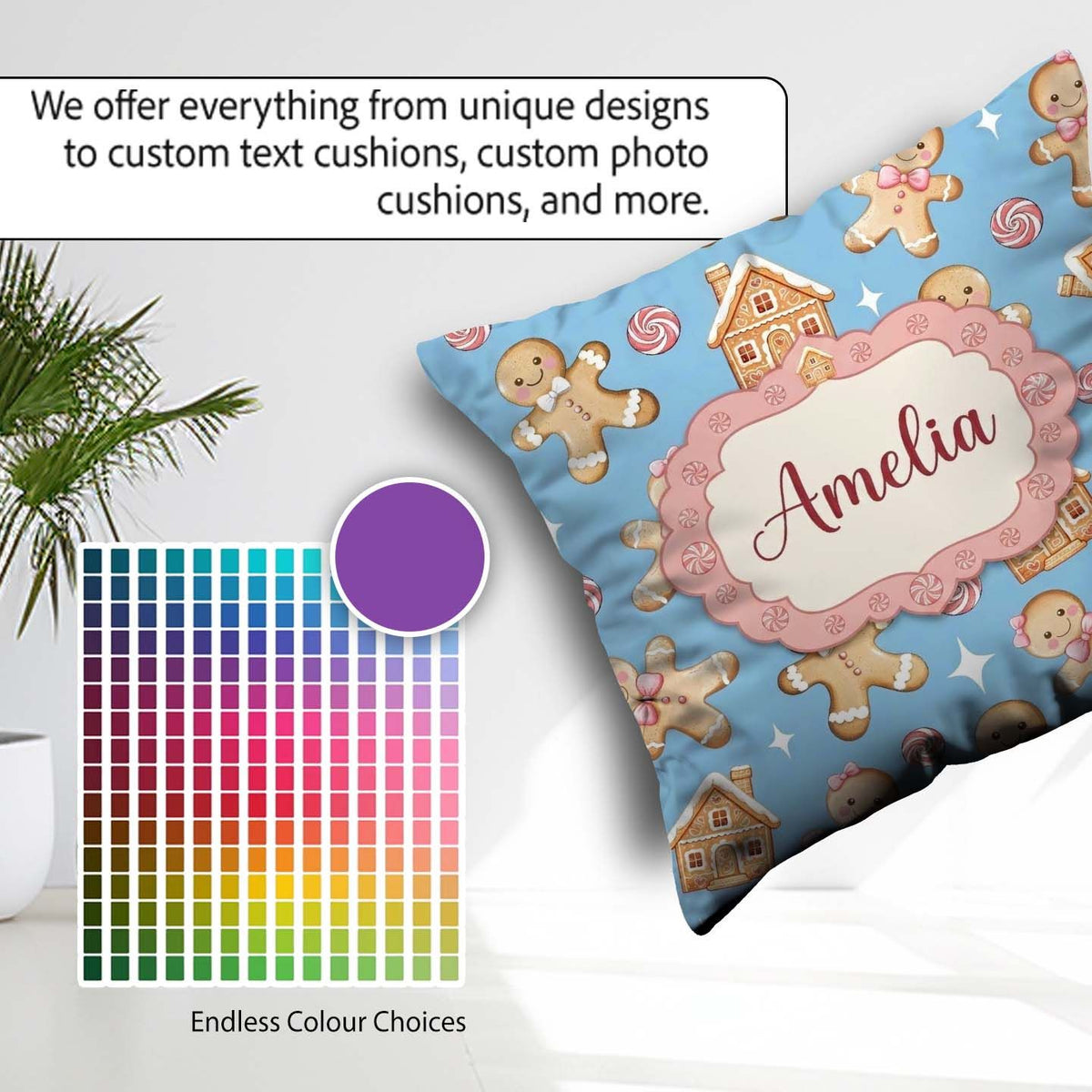 Custom Name Cute Gingerbread Cookies Candy House Blue Background Square Filled Cushion Throw Pillow Sofa Bed Home Decor Zip Washable UK Made