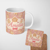 Personalized Custom Name Cute Gingerbread Cookies Candy House Peach Background Seamless 11oz Ceramic Coffee Tea Mug White Large Handle