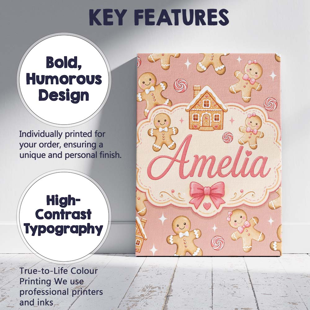 Personalised Name Cute Gingerbread Cookies Custom  Unique Gift Idea Elegant Feature Canvas Wall Art Print Decor Picture Ready to Hang