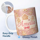Personalized Custom Name Cute Gingerbread Cookies Candy House Peach Background Seamless 11oz Ceramic Coffee Tea Mug White Large Handle