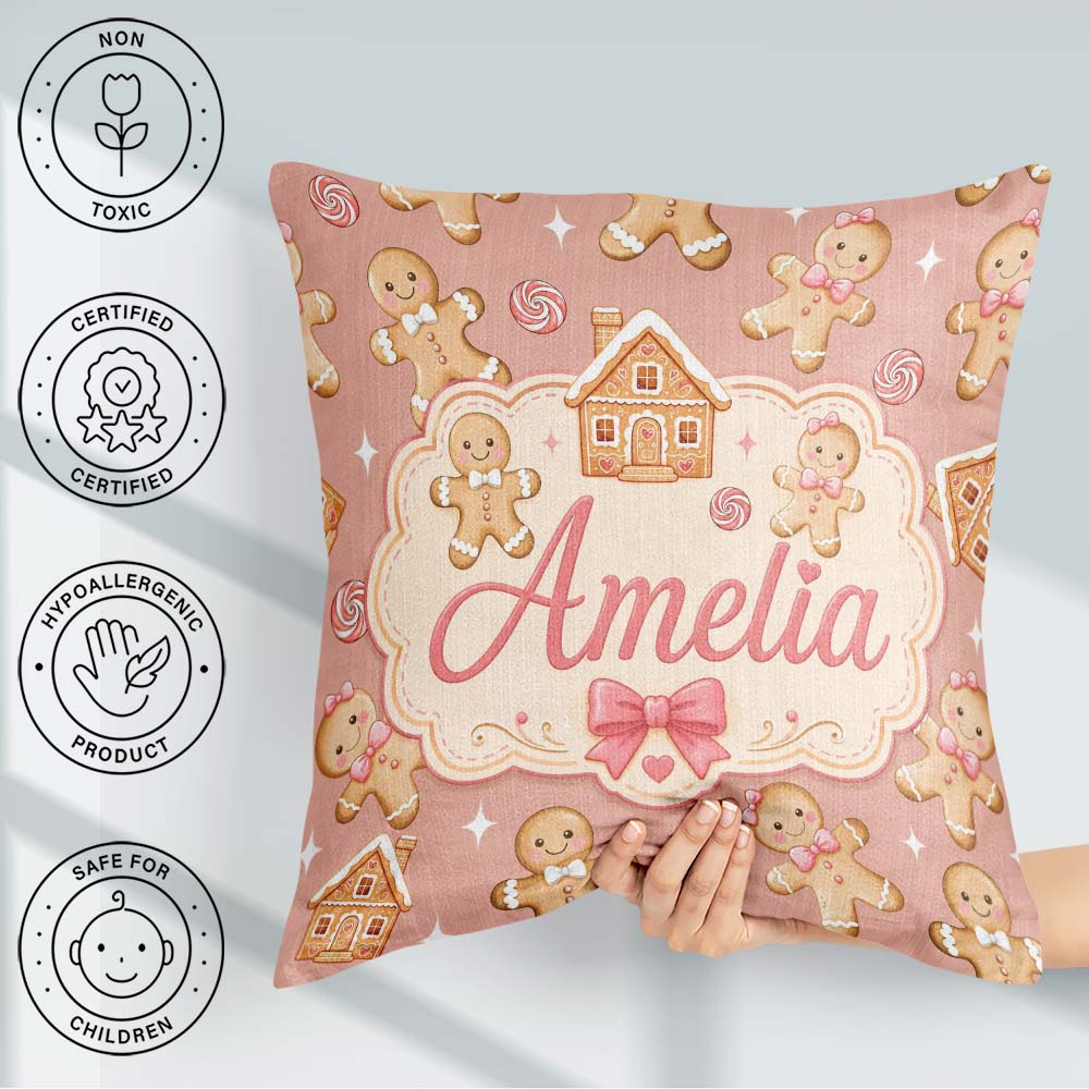 Custom Name Cute Gingerbread Cookies Candy House Peach Seamless Square Filled Cushion Throw Pillow Sofa Bed Home Decor Zip Washable UK Made