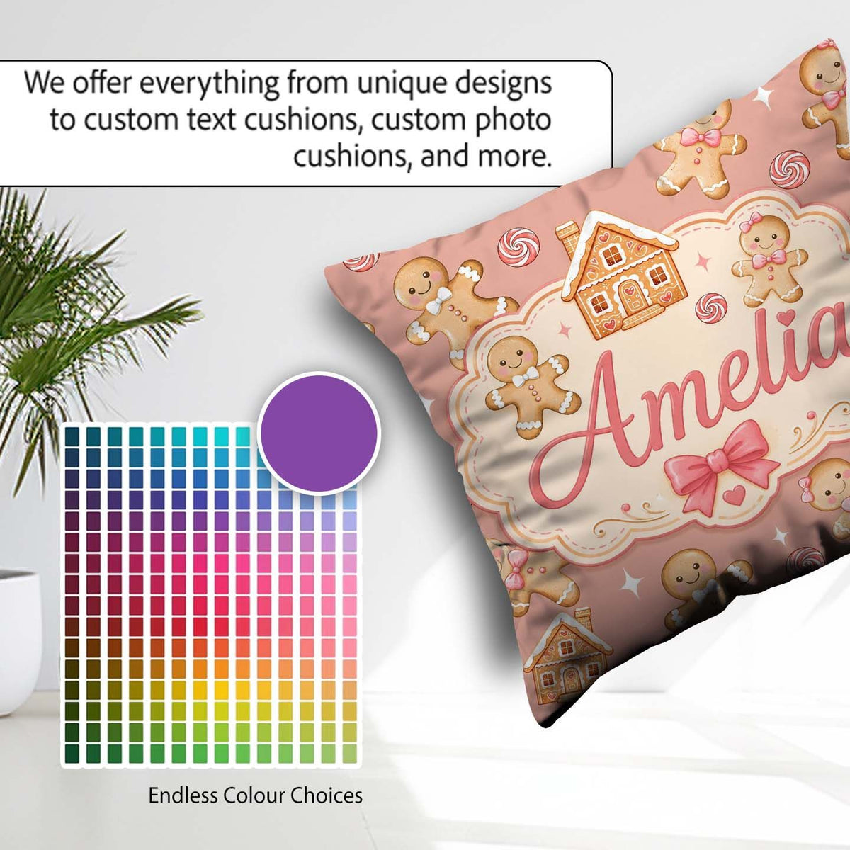 Custom Name Cute Gingerbread Cookies Candy House Peach Seamless Square Filled Cushion Throw Pillow Sofa Bed Home Decor Zip Washable UK Made