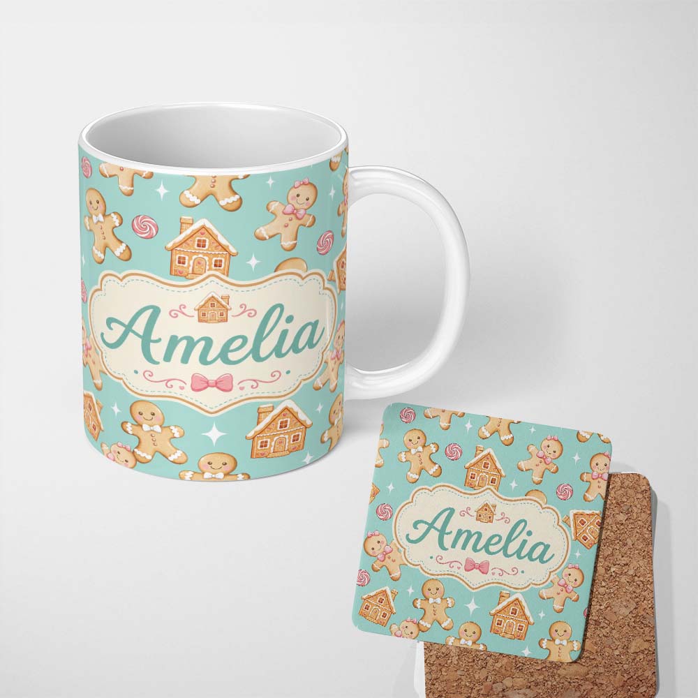 Personalized Custom Name Cute Gingerbread Cookies Candy House Teal Background Seamless 11oz Ceramic Coffee Tea Mug White Large Handle