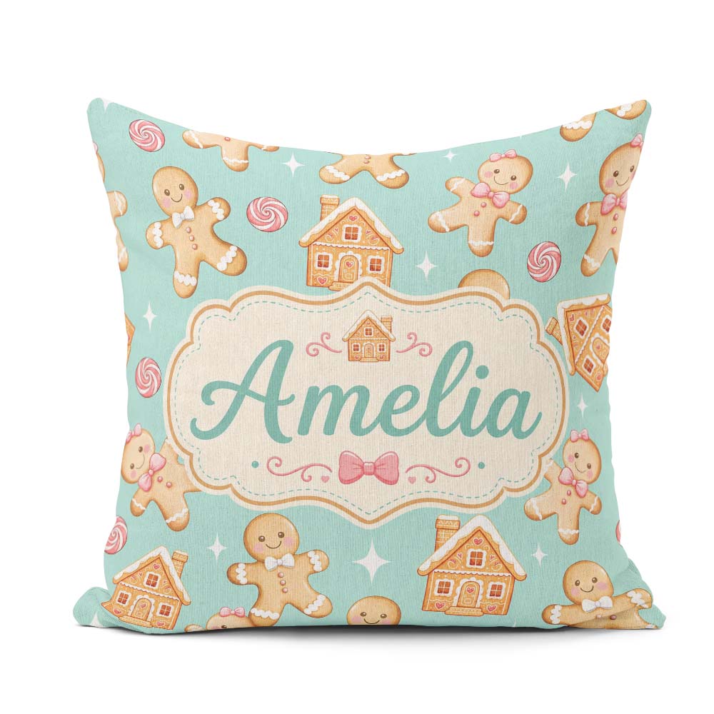 Custom Name Cute Gingerbread Cookies Candy House Teal Background Square Filled Cushion Throw Pillow Sofa Bed Home Decor Zip Washable UK Made