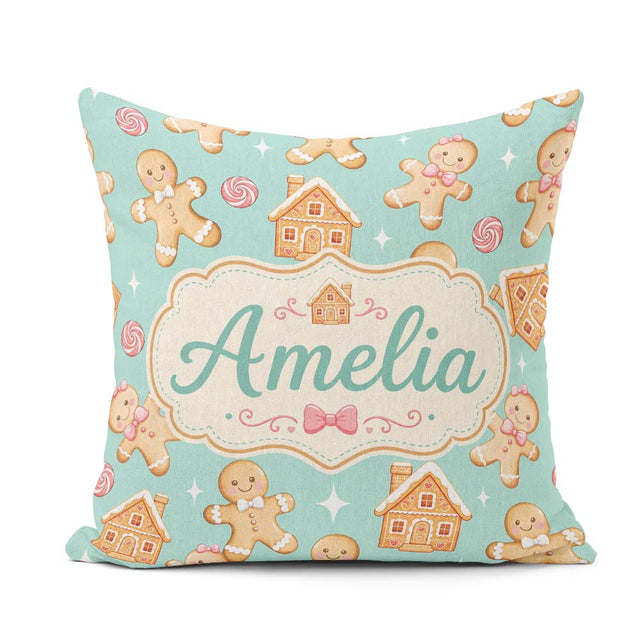 Custom Name Cute Gingerbread Cookies Candy House Teal Background Square Filled Cushion Throw Pillow Sofa Bed Home Decor Zip Washable UK Made
